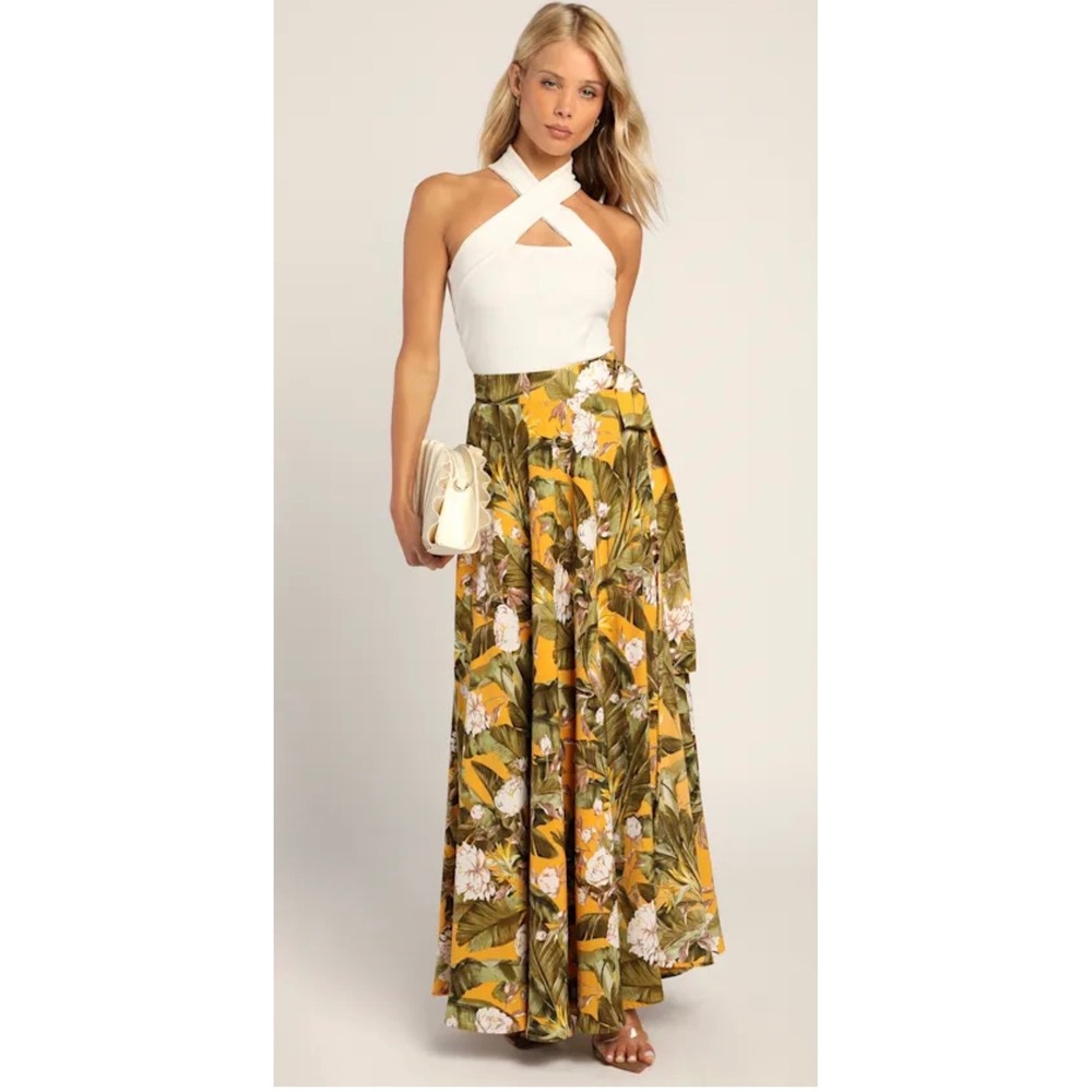 Lulus NWT Away 2 the Islands S Marigold Tropical Wrap Maxi Skirt Resort Vacation